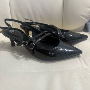 Wild Fable Black Patent Slingback Kitten Heels Size 9 Pointed Toe Strappy Shoes
